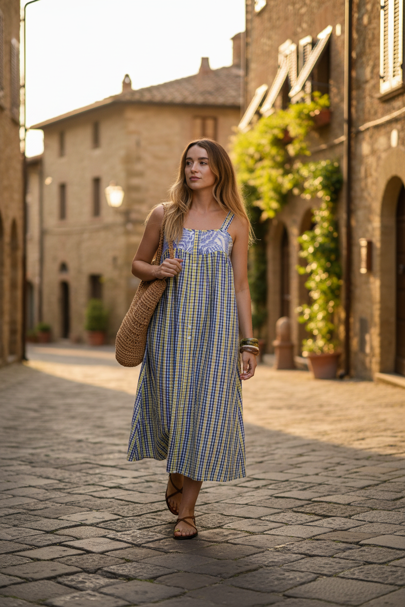 Imagen hiperrealista de alta definición de una modelo con aspecto parecido. Jane Birkin de 25 años , llevando el vestido de la imagen con unas sandalias de tiras de piel color camel y un bolso de crochet color camel . Paseando por un calle empedrada de la Toscana , con iluminación natural de la golden hour . Alto nivel de detalle , aspecto de fotografía profesional estilo editorial de moda   La modelo se mueve con un estilo relajado , effortlessly chic , candid mood , render 4K , formato vertical 5:7