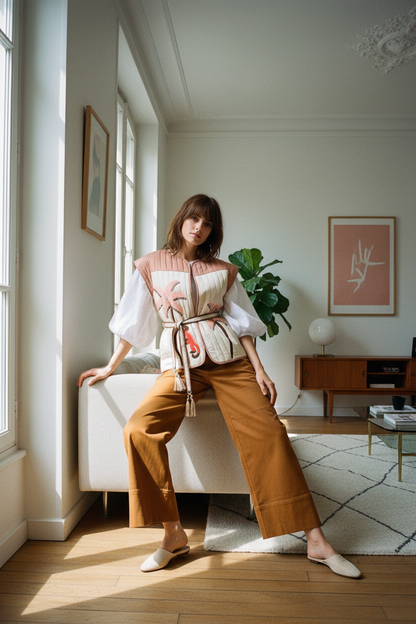  fashion model with Jane Birkin aspect , effortlessly chic attitude , natural make up wearing the clothing from this image , in a Parisian apartment with retro minimalistic deco , dynamic pose, cinematic lighting, natural side lighting from a window , shooting with a Hasselblad X2D II 100C , style VOGUE editorial , vertical format 3:4