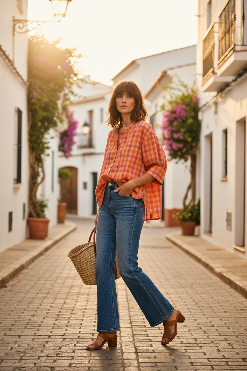 magen fotorrealista profesional estilo editorial de moda , mostrando en plano completo a una modelo con aire natural y desenfadado, inspirada en el estilo icónico de Jane Birkin cuando era joven .

Viste esta camisa de algodón a cuadros  (de corte cuadrado y manga ligeramente abullonada al codo ,punto más largo  )  ligeramenyte metida por delante en la parte delantera de un pantalón Vaquero Acampanado de Talle alto en color vaquero lavado  ( Vaquero Muse Jane Washed Blue ) acampanados y sandalias de tiras  