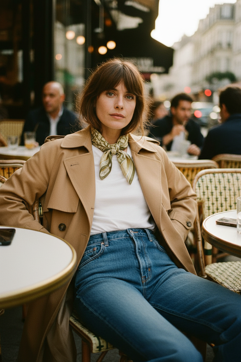 Imagen fotorrealista  de una modelo  conel aspecto y la actitud de Jane Birkin , luciendo este pañuelo pequeño  en el cuello , con la parte triangular hacia adelante y atado en la nuca . Viste una camiseta blanca , unos vaqueros acampanados Muse Jane Dark Blue y el Trench Jacob Camel . Está sentada en una terraza de un café París de forma relajada y mira directamente a la cámara conseguridad . La luz es natural , del atardecer  , acabado hiper reealista con texturas y rasgos de la cara naturales para una mu