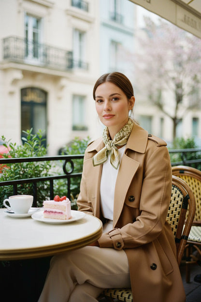 Shot of a short-haired woman sitting at a table on the terrace of an elegant restaurant in Basel. She wears a fashionable spring outfit. She has natural features. There is a slice of cake on the table. She is is looking at the camera. Colour palette is pastel spring vibes. Fashion editorial style, captured by fujifilm gfx camera, canon k35 prime lens, 30mm, large format camera, photorealistic, intricate details, 32k, raw --ar 2:3
