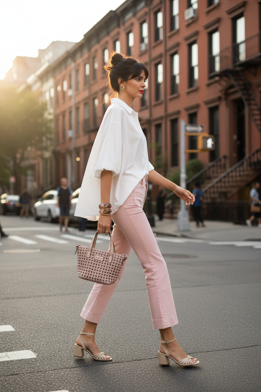 Imagen fotorrealista  profesional tipo editorial de moda de  plano lateral completo  de una modelo  vistiendo las prendas que se ven en la imagen suministrada . Imagen fotorrealista tipo editorial de moda de en plano completo , con lente  gran angular  , f/2.4  , de una modelo profesional alta y delgada de aspecto parecido  a Kendall Jenner , con pelo  moreno  y flequillo enmarcando la cara y los pómulos . Lleva el pelo recogido en un "messy bun" sobre la coronilla , con algunos mechones de pelo finos cayen