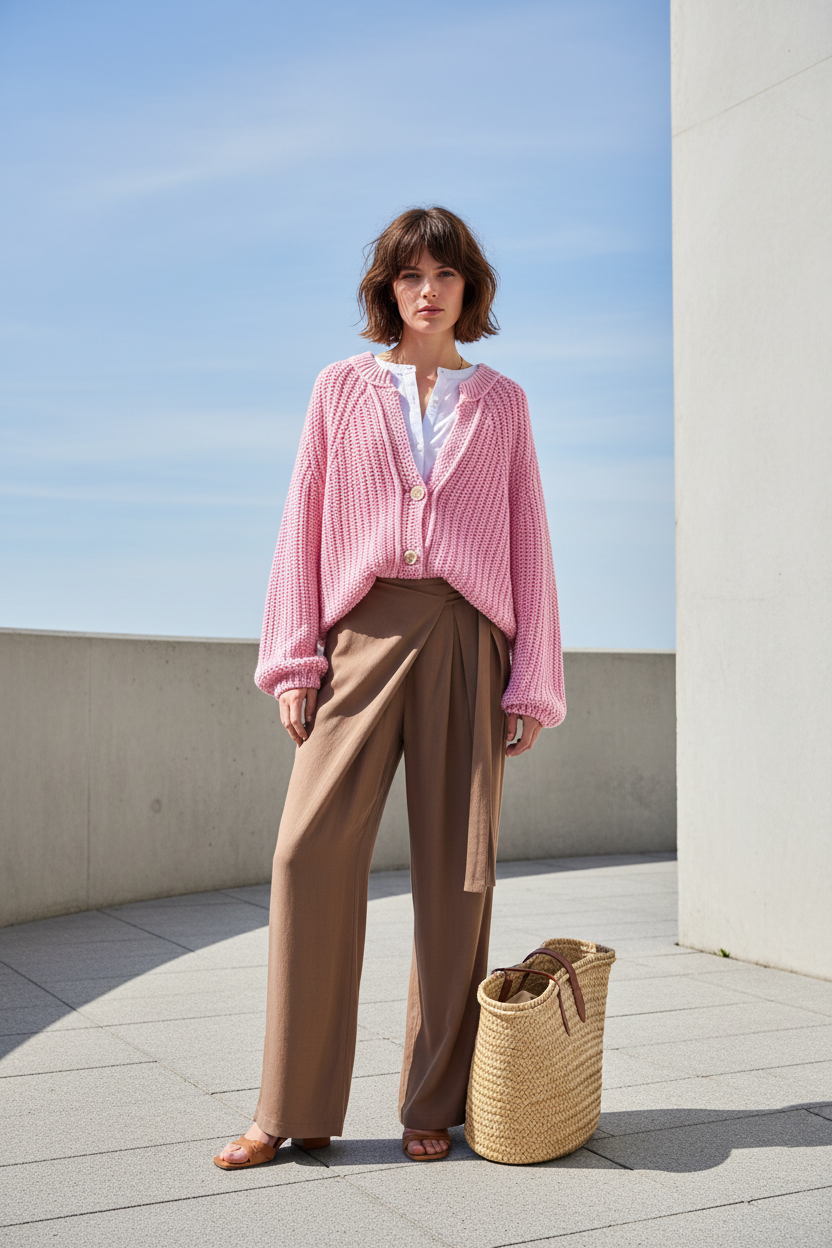 Create a professional full body fashion photography of a female model , french style , messy short brown hair ,  with natural make up , wearing this outfit (slightly oversized sleeve bright pink cardigan from Orfeo Paris , with scrunched up sleeves ).and the taupe viscose and linen wide trousers . her outfit combines comfort and effortless chic, perfect for everyday wear. it's a bright, sunny day a minimal retro inspired backdrop with soft blue sky of and grey creates a spring mood atmosphere, by peter lind