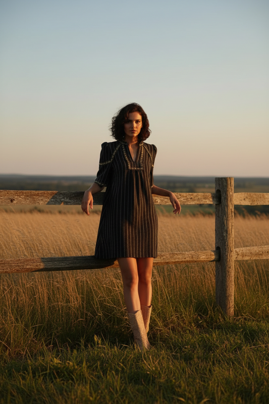 Mujer apoyada en valla tipo oeste americano 