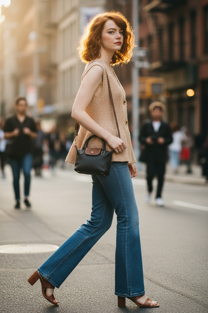 Imagen fotorrealista, de estilo editorial de moda ,  en plano completo lateral  de una modelo con aire natural y desenfadado,  de aspecto parecido a Emma Stone  con 30 ños,   pelo  pelirrojo  rizado suave con largo hasta el cuello  , enmarcando la cara y resaltando los pómulos , labios rojos , maquillaje natural .

Viste  Top tipo Chaleco Bessette Blush , de punto ligero de viscosa con hilo de lamé dorado , abrochado con 2 botones y corte evasé , con el pantalón vaquero Muse Jane acampanado en color azul la