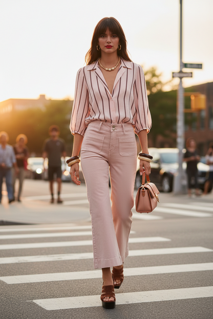 Imagen fotorrealista  profesional tipo editorial de moda de  plano completo frontal de una modelo  vistiendo el vaquero color rosa palo  que se ven en la imagen suministrada . Como camisa llevauna camisa de gasa de Lyocell rosa palo conrayas marrón  oscuro con mangas al codo abullonadas , sin botones , con cuello camsero abierto hasta el esternón  , y Las Sansalias Greta Camel , contiras de piel finitas y tacón cuadrado . Bolso origami Mini de piel nude con detalles de piel marrón .Modelo profesional , alta