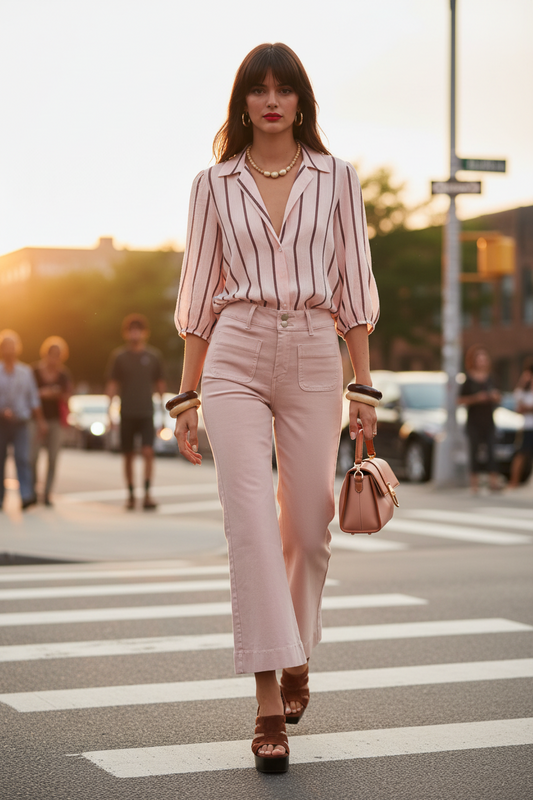 Imagen fotorrealista  profesional tipo editorial de moda de  plano completo frontal de una modelo  vistiendo el vaquero color rosa palo  que se ven en la imagen suministrada . Como camisa llevauna camisa de gasa de Lyocell rosa palo conrayas marrón  oscuro con mangas al codo abullonadas , sin botones , con cuello camsero abierto hasta el esternón  , y Las Sansalias Greta Camel , contiras de piel finitas y tacón cuadrado . Bolso origami Mini de piel nude con detalles de piel marrón .Modelo profesional , alta