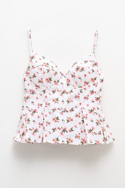 Top corset floral rosa de algodón con cierre de botones delantero