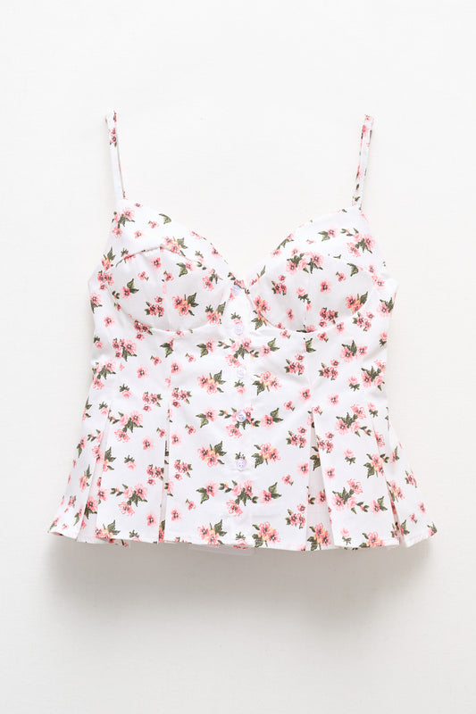 Top corset floral rosa de algodón con cierre de botones delantero
